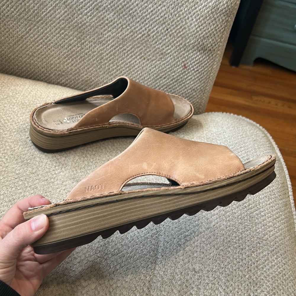 Naot Leather Slide Sandals in Tan